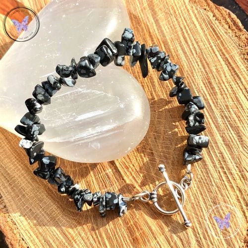 Snowflake Obsidian Chip Healing Bracelet With Silver Toggle Clasp